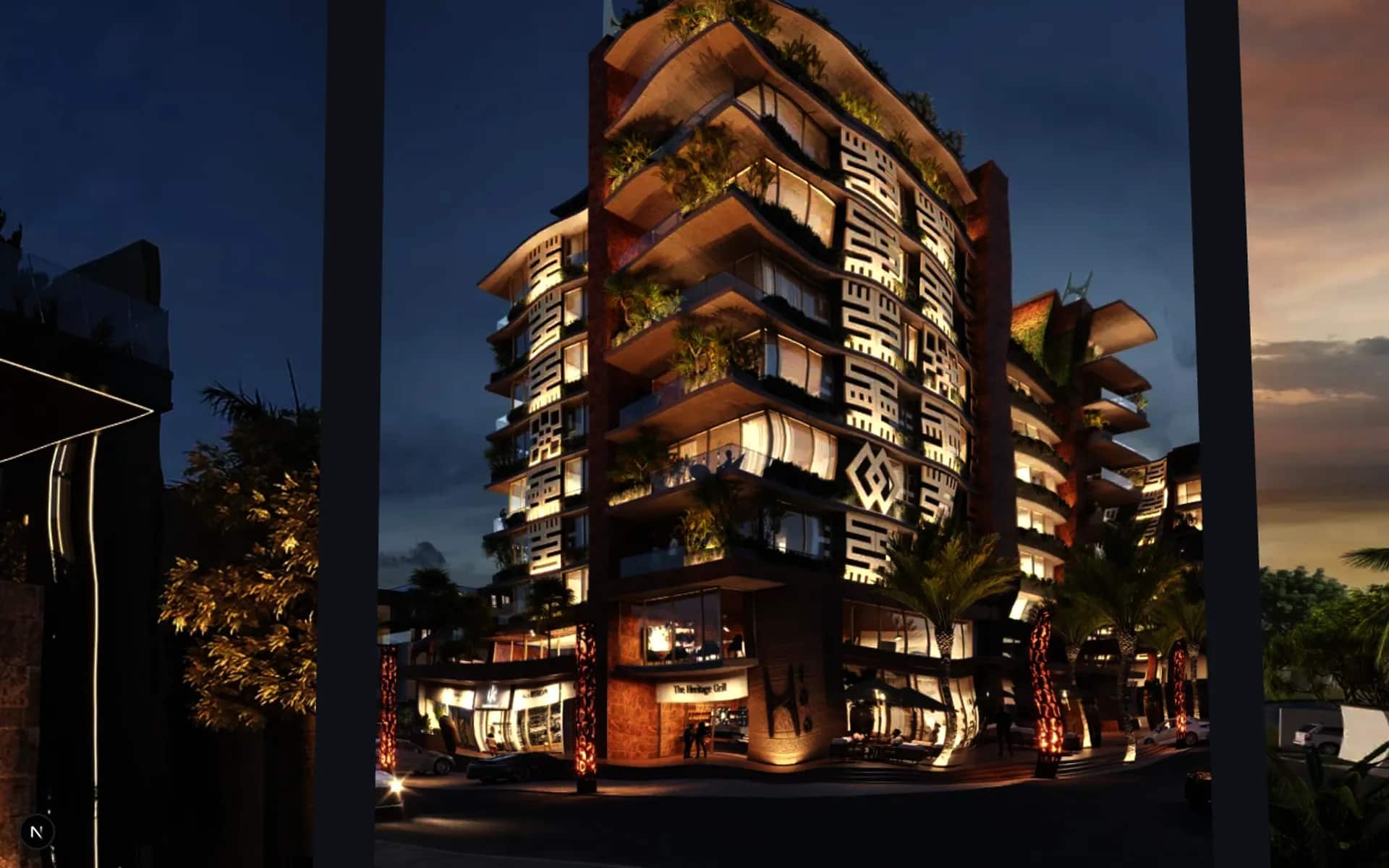 Three Accra developments at blue hour: VAAL Ghana, Heritage 100 and Landmark Homes, warm light in every window